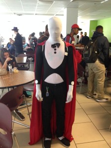 Sophomore Nagee Graves: "So at first I wanted to be superman but I couldn't find what I needed for the entire costume. Then I decided to become slendbutlerman. I kept the cape I made because my Adivsory is having a superhero themed party. So, basically, I'm a hybrid between slender man, a butler and superman.